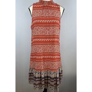 THML Anthropologie Sz L Shirred Neck Sleeveless Colorful Btm Ruffle Keyhole Back